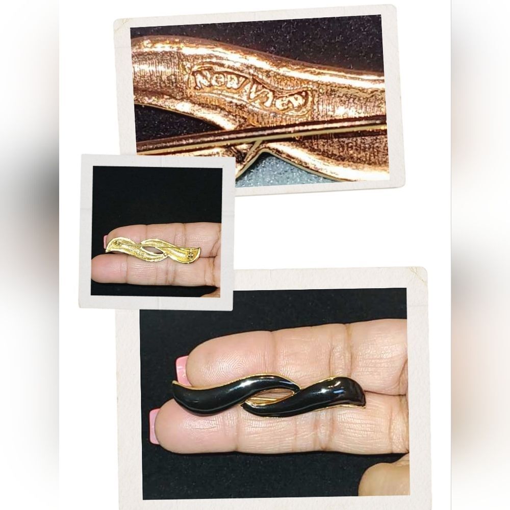 Vtg Black Enamel And Gold Tone Brooch By New View